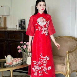 Áo Dài Cách Tân Voan Tơ Họa Tiết Hoa Đào