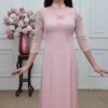 Tơ 227 áo dài tơ hồng đào cổ cao tay bồng đính hoa von nổi