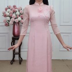 Tơ 227 áo dài tơ hồng đào cổ cao tay bồng đính hoa von nổi