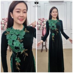 Nhung 42 áo dài nhung xanh khít dài kết pha lê đính hoa xanh nổi cổ ren
