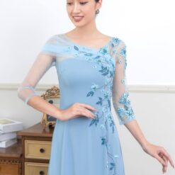 Áo dài cách tân tay lửng kết hoa cao cấp